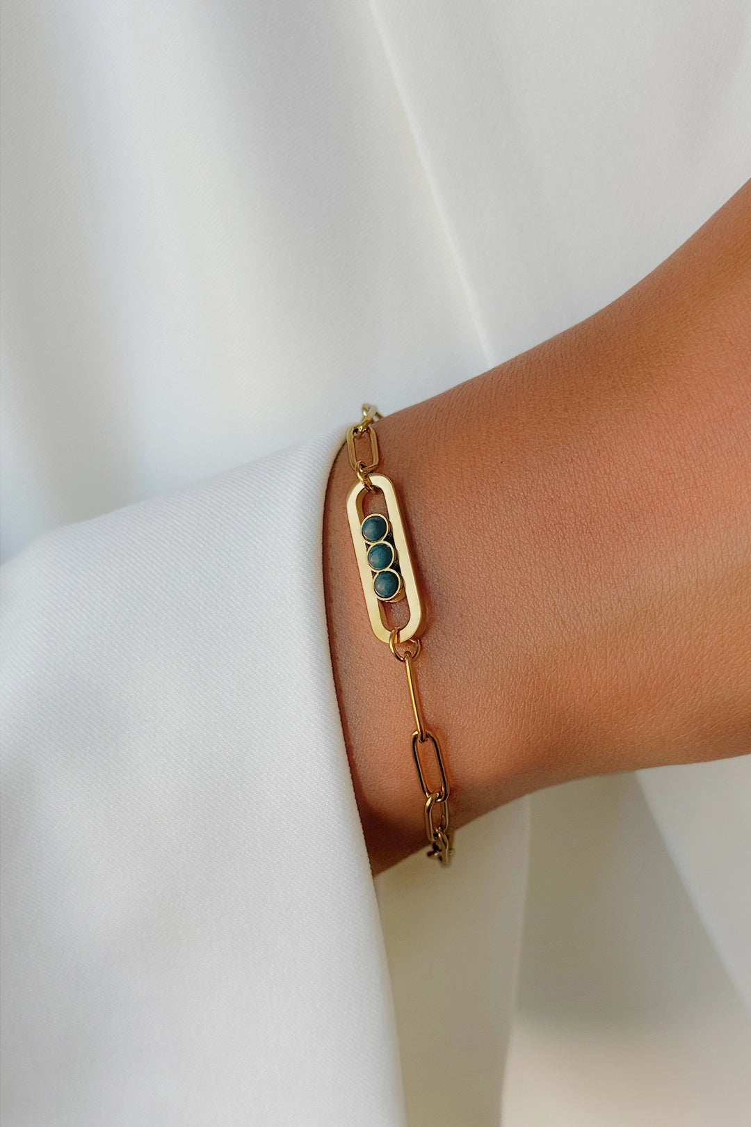 Gold and green stainless steel bracelet styled on wrist – timeless gift for her