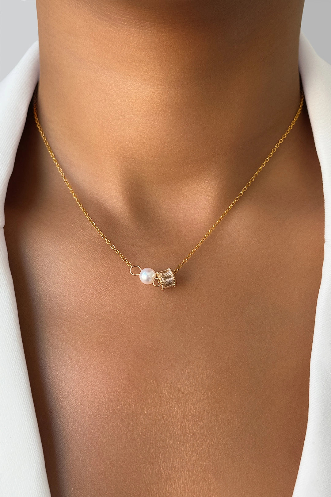 Timeless Pearl Meadow Stainless Steel Necklace styled on neck – fine jewelry for every occasion